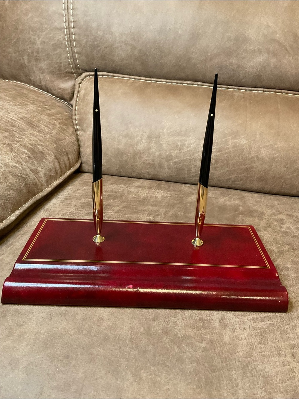 Vintage Double Ballpoint Pen Desk Stand in Red Leather